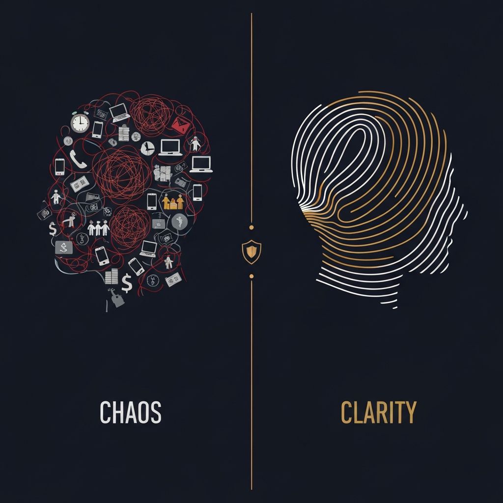 Van chaos naar helderheid: links een overbelast hoofd vol ruis, rechts helderheid en rust na The Quiet Reset