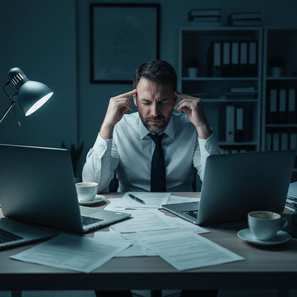 Man achter bureau, overbelast en gestrest